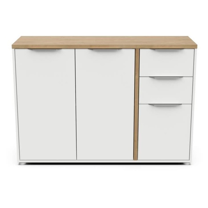 Enfilade ACCESS - 3 portes + 2 tiroirs - Décor chene Hamilton et Blanc - L 121,5 x P 39,6 x H 85,6 cm - DEMEYERE Enfilade ACCESS - 3 portes + 2 tiroirs - Décor chene Hamilton et Blanc - L 121,5 x P 39,6 x H 85,6 cm - DEMEYERE