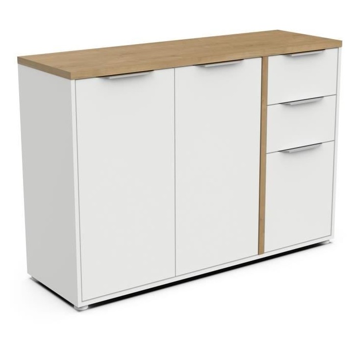 Enfilade ACCESS - 3 portes + 2 tiroirs - Décor chene Hamilton et Blanc - L 121,5 x P 39,6 x H 85,6 cm - DEMEYERE Enfilade ACCESS - 3 portes + 2 tiroirs - Décor chene Hamilton et Blanc - L 121,5 x P 39,6 x H 85,6 cm - DEMEYERE