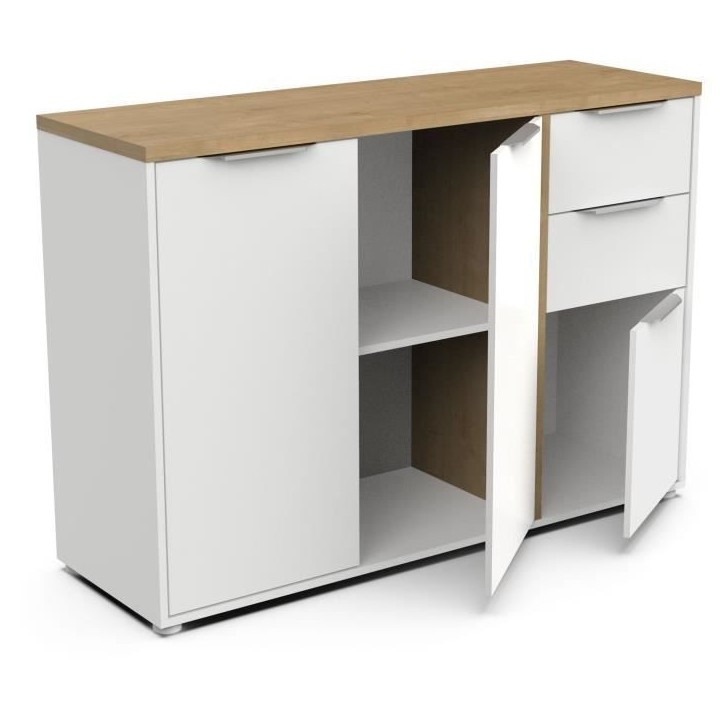 Enfilade ACCESS - 3 portes + 2 tiroirs - Décor chene Hamilton et Blanc - L 121,5 x P 39,6 x H 85,6 cm - DEMEYERE Enfilade ACCESS - 3 portes + 2 tiroirs - Décor chene Hamilton et Blanc - L 121,5 x P 39,6 x H 85,6 cm - DEMEYERE