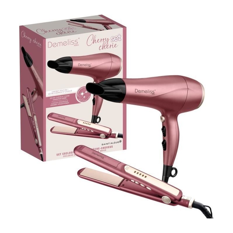 Coffret set lisseur + Seche-cheveux - DEMELISS - 2200 W - Cherry Chér Coffret set lisseur + Seche-cheveux - DEMELISS - 2200 W - Cherry Chér
