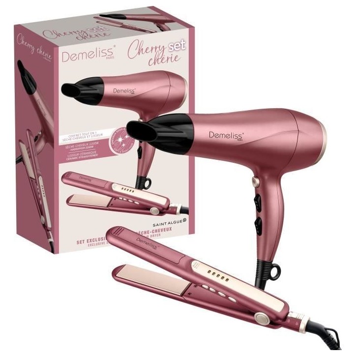Coffret set lisseur + Seche-cheveux - DEMELISS - 2200 W - Cherry Chérie Coffret set lisseur + Seche-cheveux - DEMELISS - 2200 W - Cherry Chérie