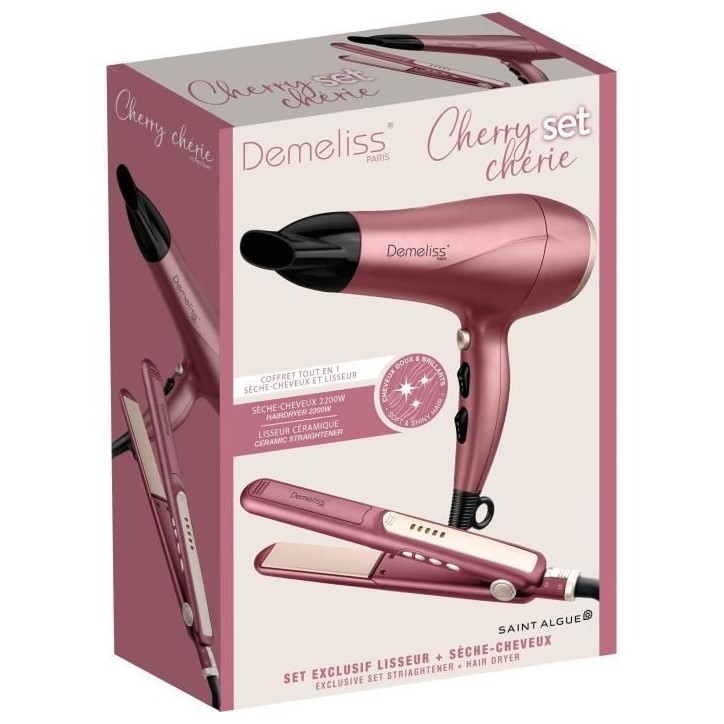 Coffret set lisseur + Seche-cheveux - DEMELISS - 2200 W - Cherry Chérie Coffret set lisseur + Seche-cheveux - DEMELISS - 2200 W - Cherry Chérie