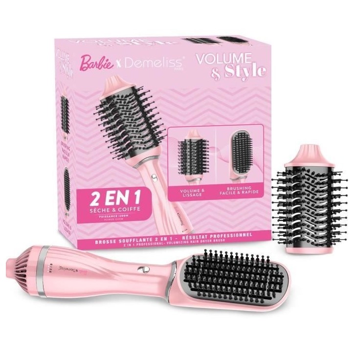 Brosse soufflante - DEMELISS - Volume & Style - Barbie Edition - 1200 W - 3 températures - Rose