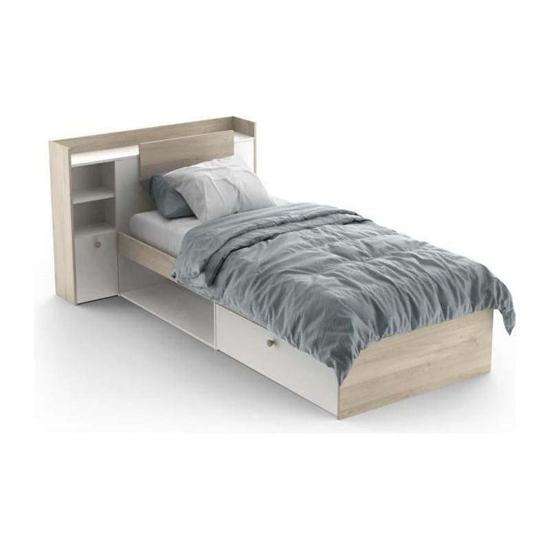 Lit enfant LIFE - 90x190/200 - Rangements - Décor Chene et blanc - DE