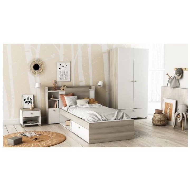 Lit enfant LIFE - 90x190/200 - Rangements - Décor Chene et blanc - DEMEYERE - Fabriqué en France Lit enfant LIFE - 90x190/200 - Rangements - Décor Chene et blanc - DEMEYERE - Fabriqué en France