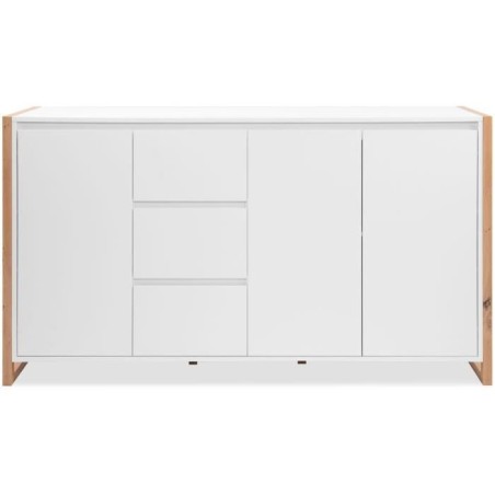 Buffet - DENVER - Chene artisan / Blanc - 3 portes - 3 tiroirs - 160 x 40 x 88 cm