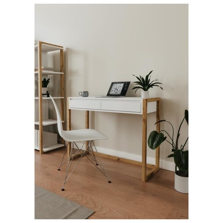 Console Bureau - DENVER - Chene artisan / Blanc - 2 tiroirs - 100 x 35 x 75 cm