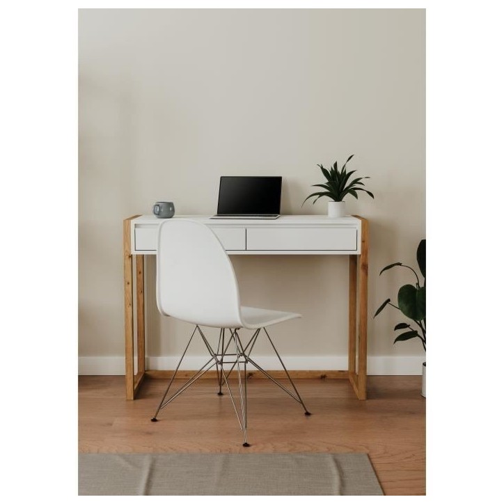 Console Bureau - DENVER - Chene artisan / Blanc - 2 tiroirs - 100 x 35 x 75 cm