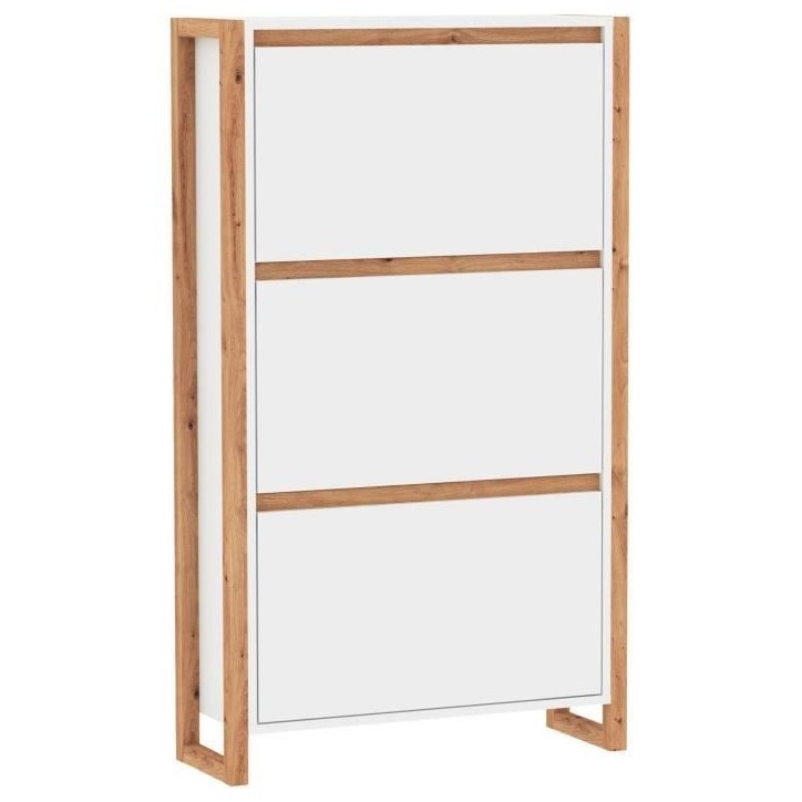 Meuble a chaussures - Blanc et chene - 12 paires - L70 x P25 x H125 cm - DENVER Meuble a chaussures - Blanc et chene - 12 paires - L70 x P25 x H125 cm - DENVER