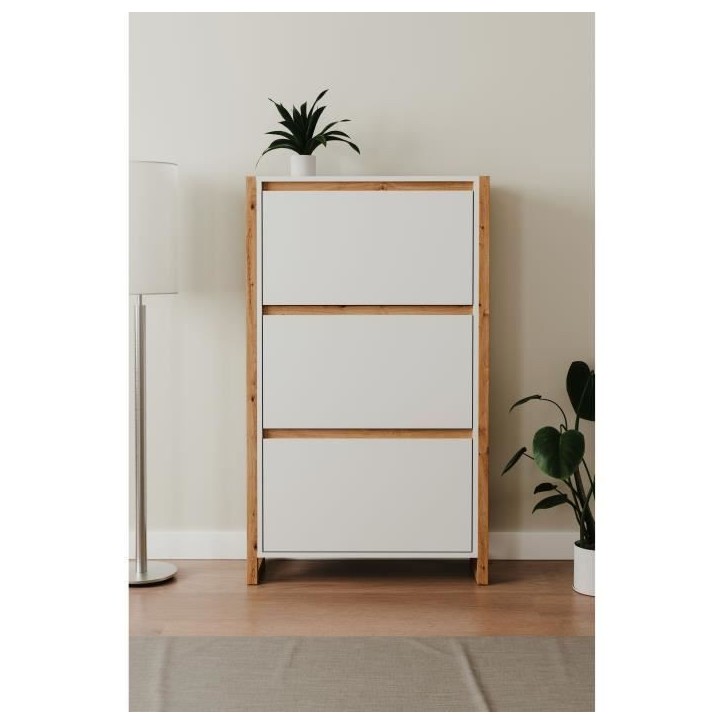 Meuble a chaussures - Blanc et chene - 12 paires - L70 x P25 x H125 cm - DENVER Meuble a chaussures - Blanc et chene - 12 paires - L70 x P25 x H125 cm - DENVER