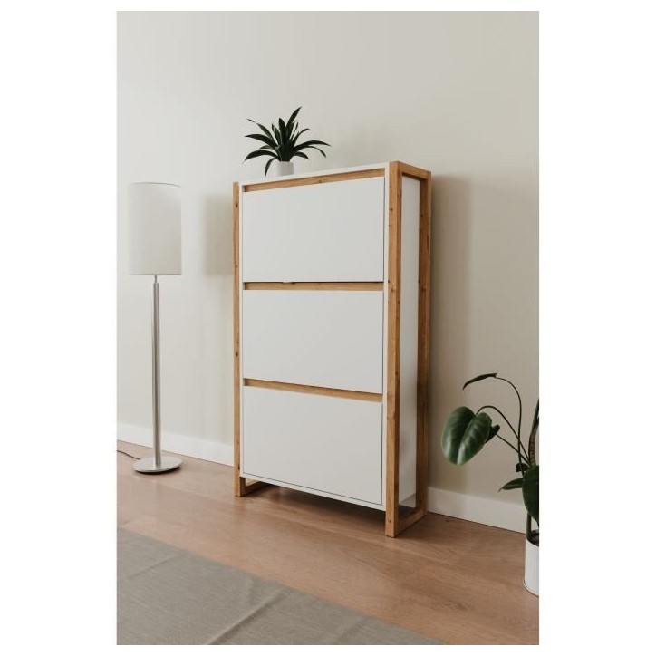 Meuble a chaussures - Blanc et chene - 12 paires - L70 x P25 x H125 cm - DENVER Meuble a chaussures - Blanc et chene - 12 paires - L70 x P25 x H125 cm - DENVER