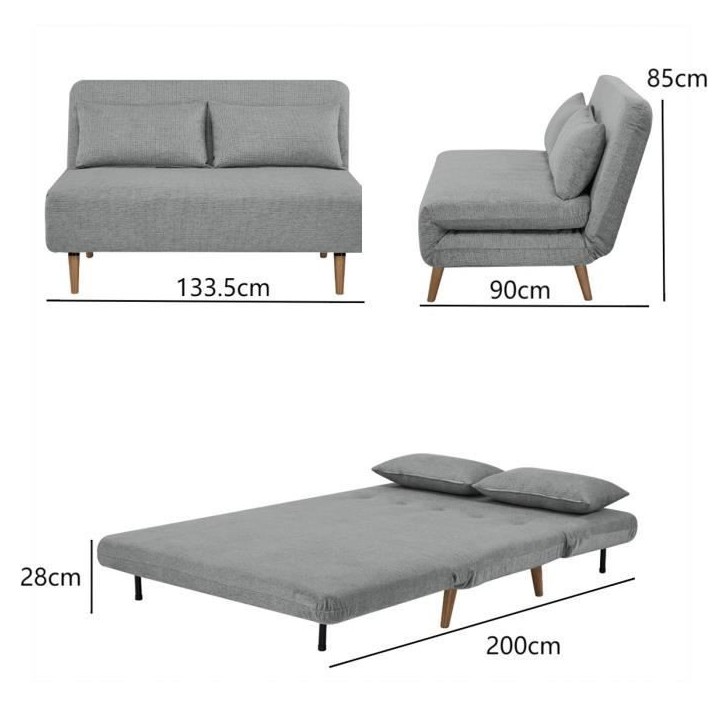 Banquette BZ - 2 places - Tissu Gris clair - 130 x 90 x 81 cm - DEPLO