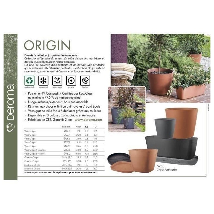 DEROMA Pot de fleurs Origin - 37,2 x 31,8 cm - 22,3 L - Terre cuite DEROMA Pot de fleurs Origin - 37,2 x 31,8 cm - 22,3 L - Terre cuite