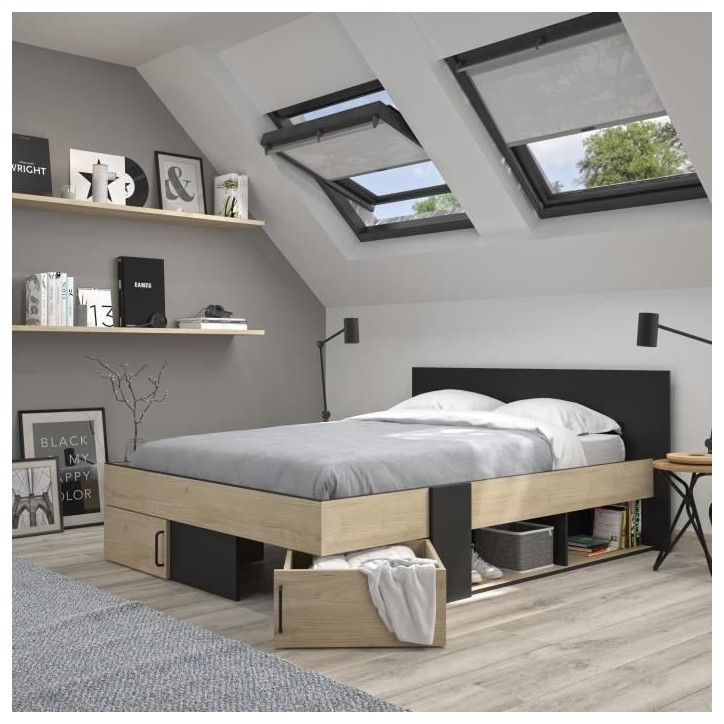 DIAGONE Lit adulte avec tiroirs de rangement - Chataignier et noir - 140 x 190 - SWIVEL DIAGONE Lit adulte avec tiroirs de rangement - Chataignier et noir - 140 x 190 - SWIVEL
