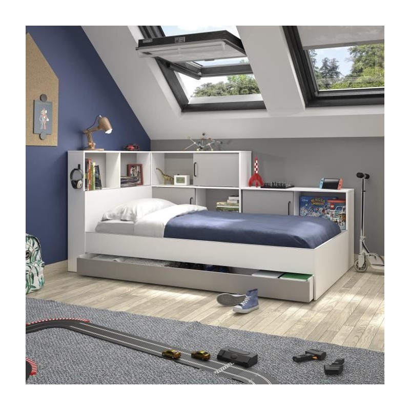 GAMI Erwan Lit enfant avec rangements - Décor blanc et gris- 90 x 200 GAMI Erwan Lit enfant avec rangements - Décor blanc et gris- 90 x 200