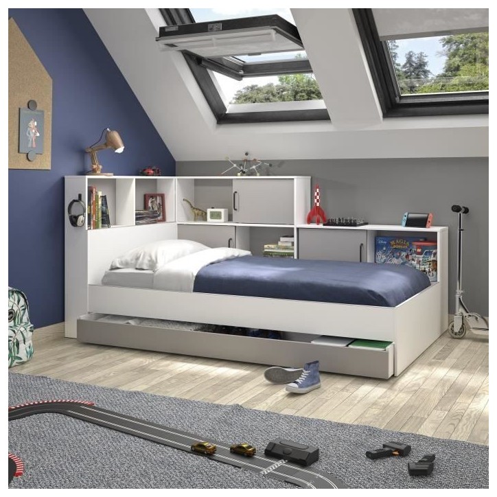 GAMI Erwan Lit enfant avec rangements - Décor blanc et gris- 90 x 200 cm GAMI Erwan Lit enfant avec rangements - Décor blanc et gris- 90 x 200 cm