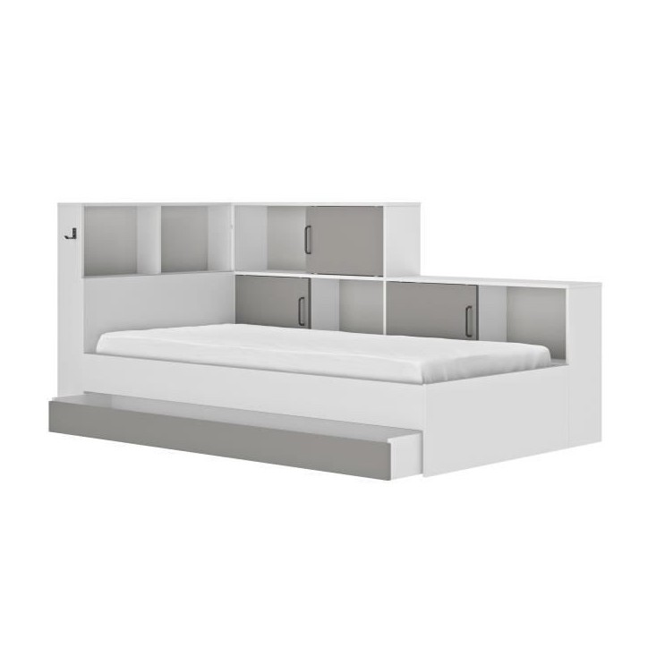 GAMI Erwan Lit enfant avec rangements - Décor blanc et gris- 90 x 200 cm GAMI Erwan Lit enfant avec rangements - Décor blanc et gris- 90 x 200 cm