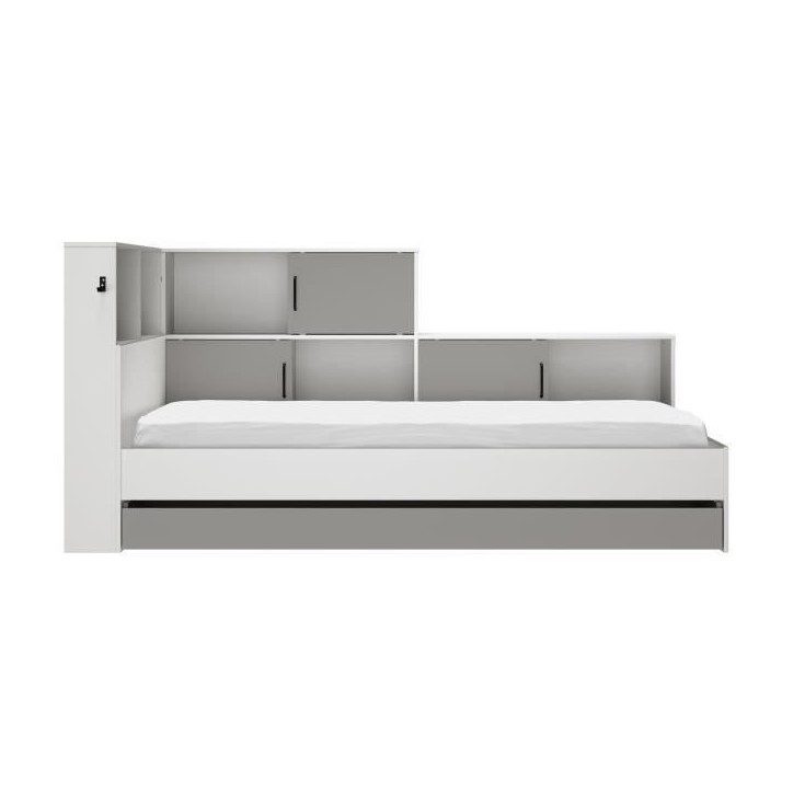GAMI Erwan Lit enfant avec rangements - Décor blanc et gris- 90 x 200 cm GAMI Erwan Lit enfant avec rangements - Décor blanc et gris- 90 x 200 cm