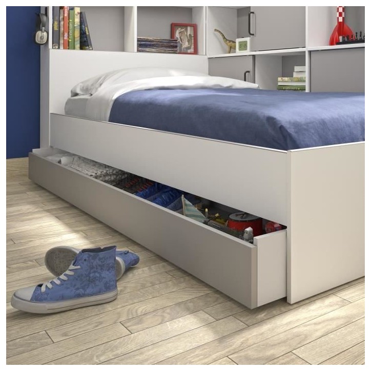 GAMI Erwan Lit enfant avec rangements - Décor blanc et gris- 90 x 200 cm GAMI Erwan Lit enfant avec rangements - Décor blanc et gris- 90 x 200 cm