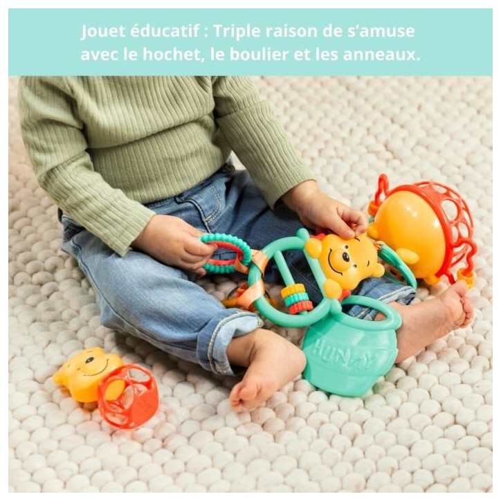 DISNEY BABY -WINNIE- Coffret cadeau de naissance bébé, 5 jouets dont 1 de dentition Winnie et O ball, hochet et attache pousse DISNEY BABY -WINNIE- Coffret cadeau de naissance bébé, 5 jouets dont 1 de dentition Winnie et O ball, hochet et attache pousse