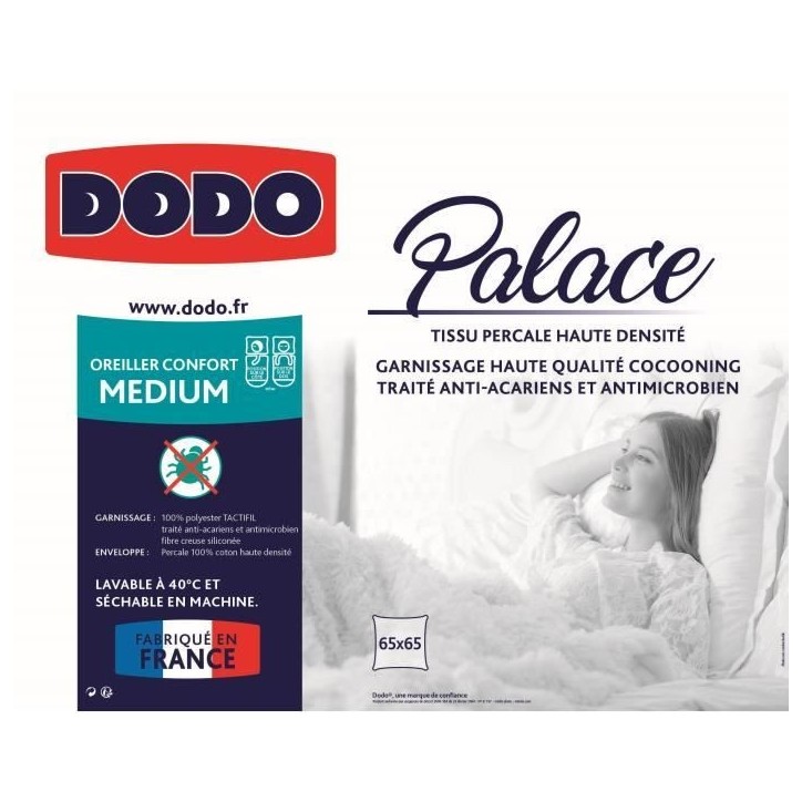 DODO Oreiller Percale Anti-Acariens PALACE - 65 x 65 cm