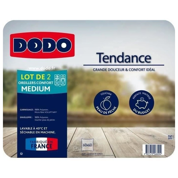 DODO Lot de 2 oreillers Tendance - 60 x 60 cm - Garnissage 100% Polyester fibre creuse siliconée - Blanc