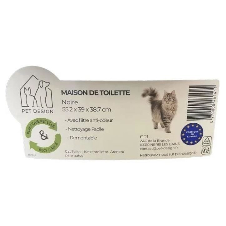 SACHA Maison de toilette pour chat - Bac a litiere - 56 x 40 x 39 cm - Noir et blanc - PET DESIGN