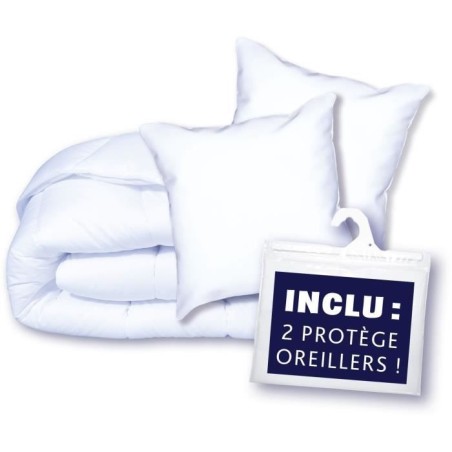 Pack couette 220x240 cm + 2 oreillers 60x60 cm + 2 proteges oreillers 60x60 cm - garnissage 100% Polyester - 350g/m² - blanc -