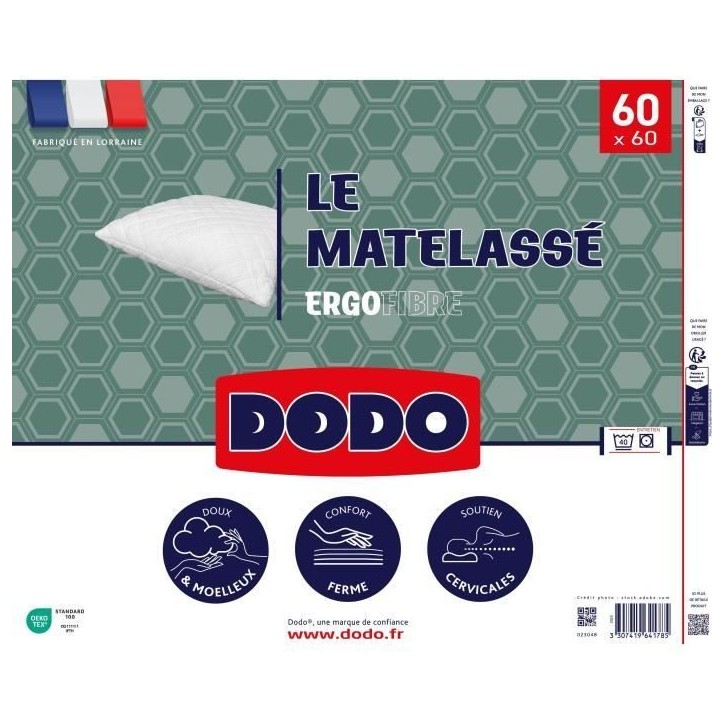 Oreiller Le Matelassé DODO - 60x60 cm - Soutien ferme - Taie déhoussable Oreiller Le Matelassé DODO - 60x60 cm - Soutien ferme - Taie déhoussable