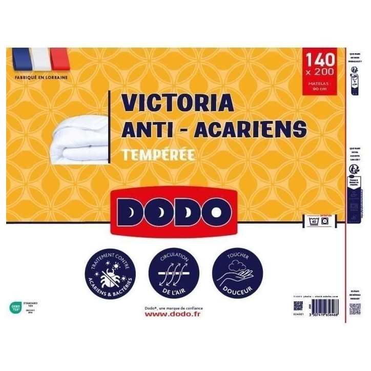 DODO Couette tempérée 300gr/m² anti-acarians VICTORIA 140x200 cm blanc DODO Couette tempérée 300gr/m² anti-acarians VICTORIA 140x200 cm blanc