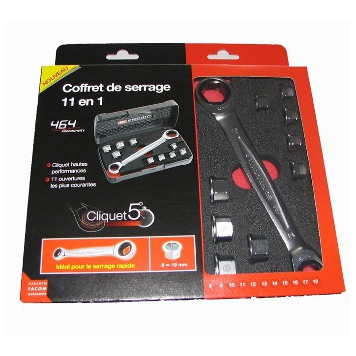 Coffret de Clés Polygonales a Cliquets 11 en 1 FACOM - 464.J1APB (Livrée avec 1 jeu de 9 bagues + 1 Boîtier plastique de rang Coffret de Clés Polygonales a Cliquets 11 en 1 FACOM - 464.J1APB (Livrée avec 1 jeu de 9 bagues + 1 Boîtier plastique de rang