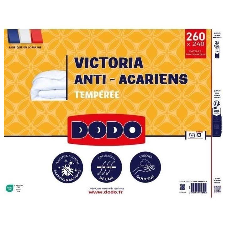 DODO Couette tempérée 300gr/m² anti-acarians VICTORIA 240x260 cm blanc DODO Couette tempérée 300gr/m² anti-acarians VICTORIA 240x260 cm blanc