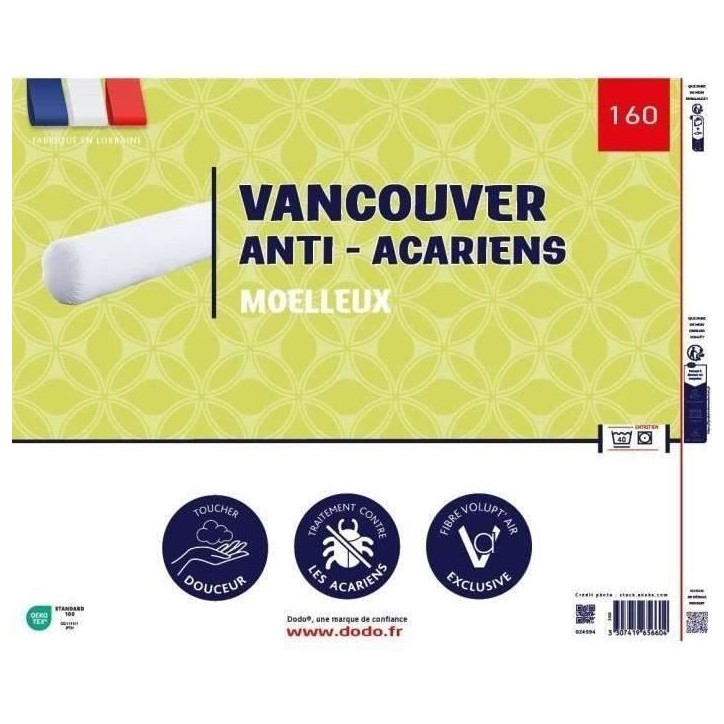 Traversin VANCOUVER 160 cm - anti-acariens - 100% Polyester - DODO Traversin VANCOUVER 160 cm - anti-acariens - 100% Polyester - DODO