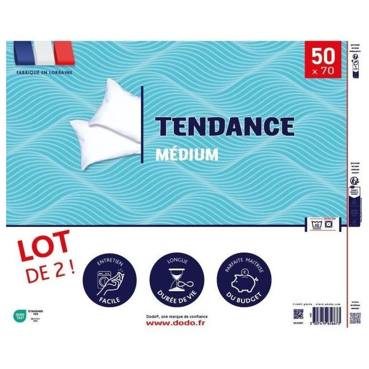 DODO Lot de 2 oreillers Tendance 50x70 cm- 100% Polyester DODO Lot de 2 oreillers Tendance 50x70 cm- 100% Polyester