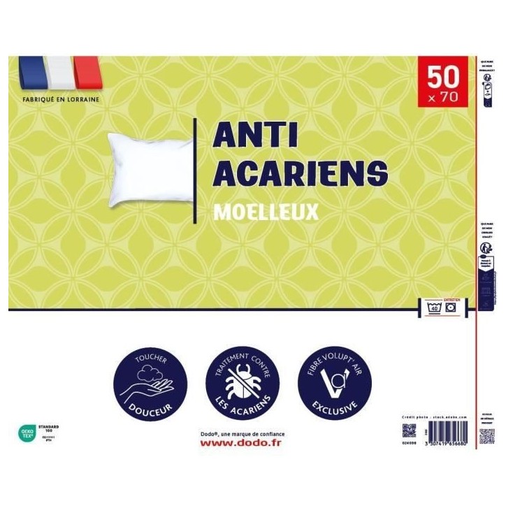 Oreiller anti-acariens 50x70 cm - 100% Polyester - DODO Oreiller anti-acariens 50x70 cm - 100% Polyester - DODO