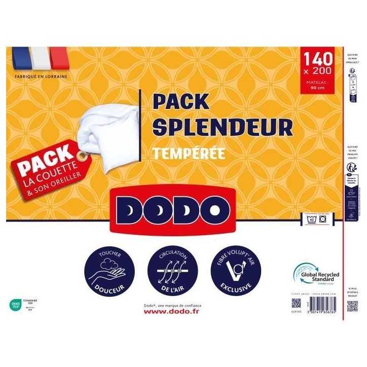 Pack couette 140x200 cm + 1 oreiller 60x60 cm - Splendeur - Garnissage 100% Polyester Volupt'air 300G/M² - DODO Pack couette 140x200 cm + 1 oreiller 60x60 cm - Splendeur - Garnissage 100% Polyester Volupt'air 300G/M² - DODO