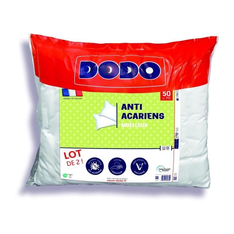 Lot de 2 oreillers anti-acariens 50x70 cm - 100% Polyester - DODO Lot de 2 oreillers anti-acariens 50x70 cm - 100% Polyester - DODO