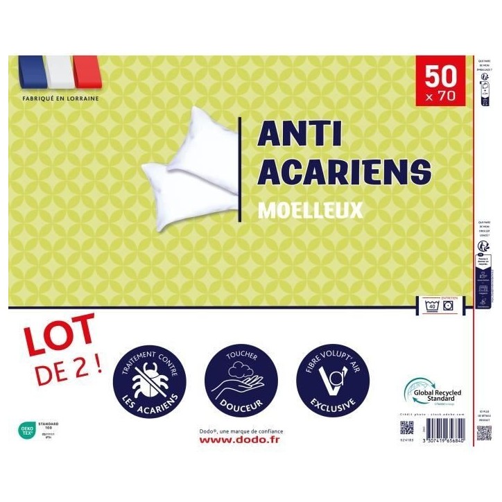 Lot de 2 oreillers anti-acariens 50x70 cm - 100% Polyester - DODO