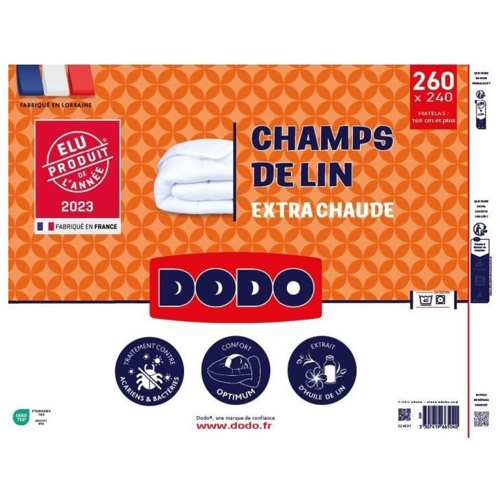 Couette 240x260 cm DODO CHAMPS DE LIN - Chaude - 450G/m² - Couette 2 personnes -Douce et Chaude -Anti-acariens Antibactériens