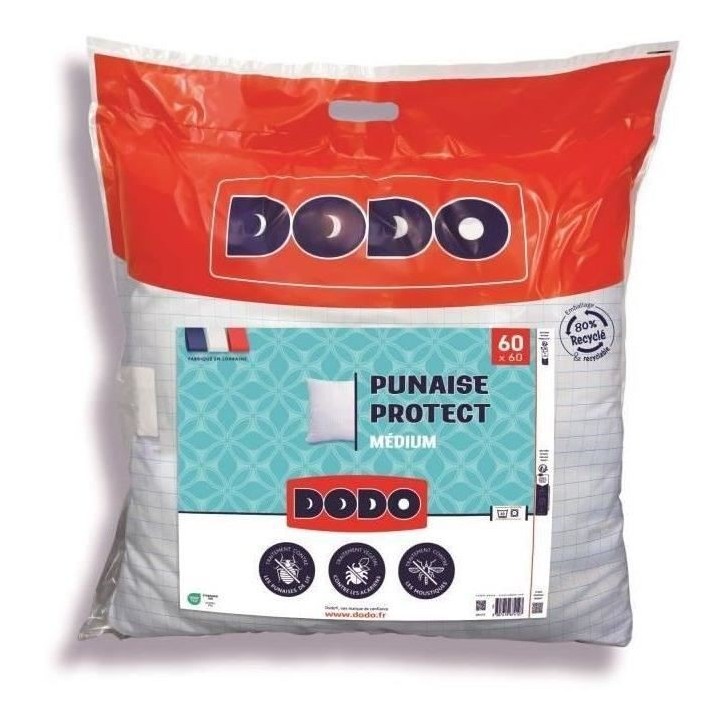 Oreiller médium DODO 60x60 cm - Protection anti punaise, anti acarien - 550 gr - Blanc - Fabriqué en France Oreiller médium DODO 60x60 cm - Protection anti punaise, anti acarien - 550 gr - Blanc - Fabriqué en France