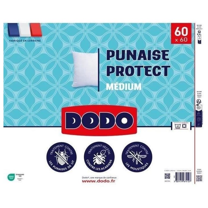 Oreiller médium DODO 60x60 cm - Protection anti punaise, anti acarien - 550 gr - Blanc - Fabriqué en France Oreiller médium DODO 60x60 cm - Protection anti punaise, anti acarien - 550 gr - Blanc - Fabriqué en France