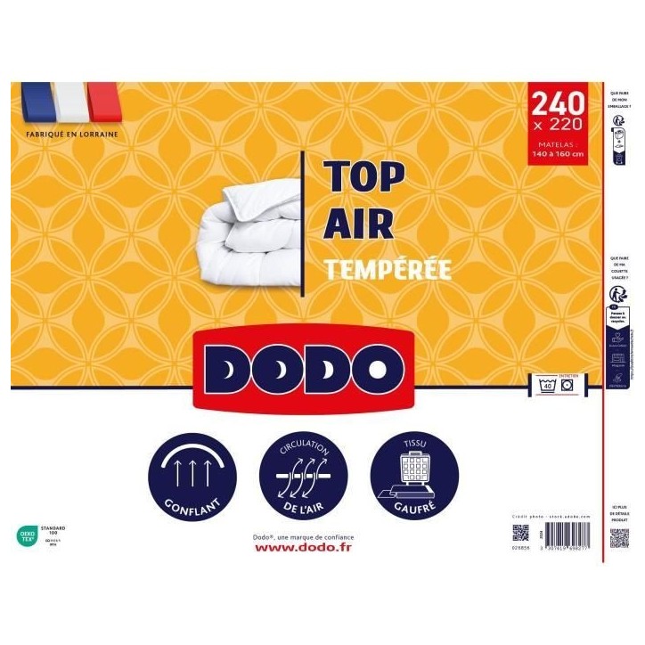 Couette tempérée - DODO - TOP AIR - 220 x 240 cm - 300G/M² - Blanc