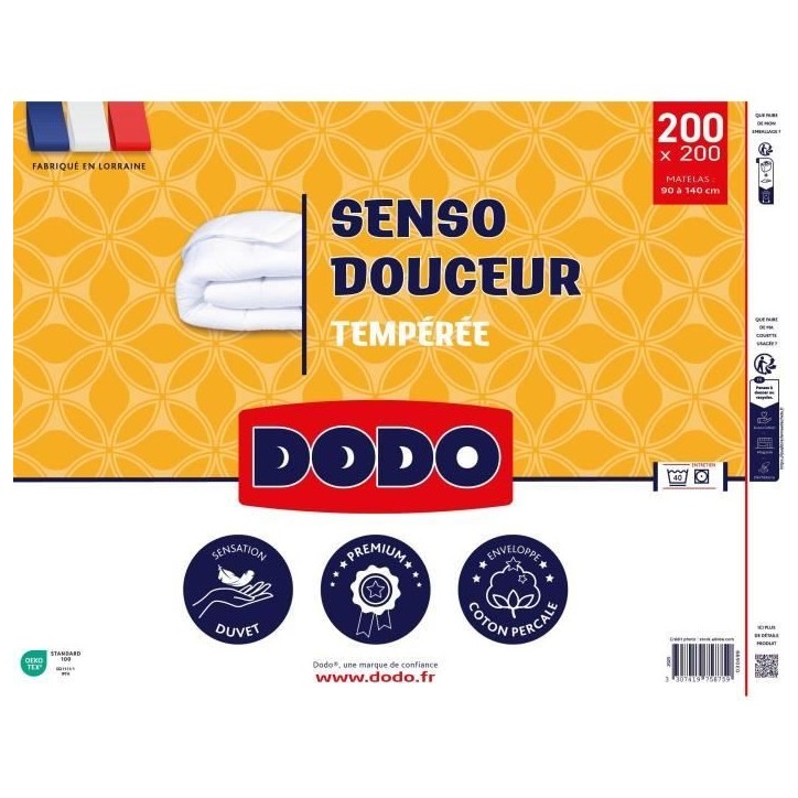 DODO - Couette tempérée 350 g/m² - SENSO DOUCEUR - 200 x 200 cm - Blanc