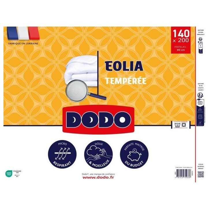 DODO - Couette tempérée 300 g/m² - EOLIA - 140 x 200 cm - Blanc
