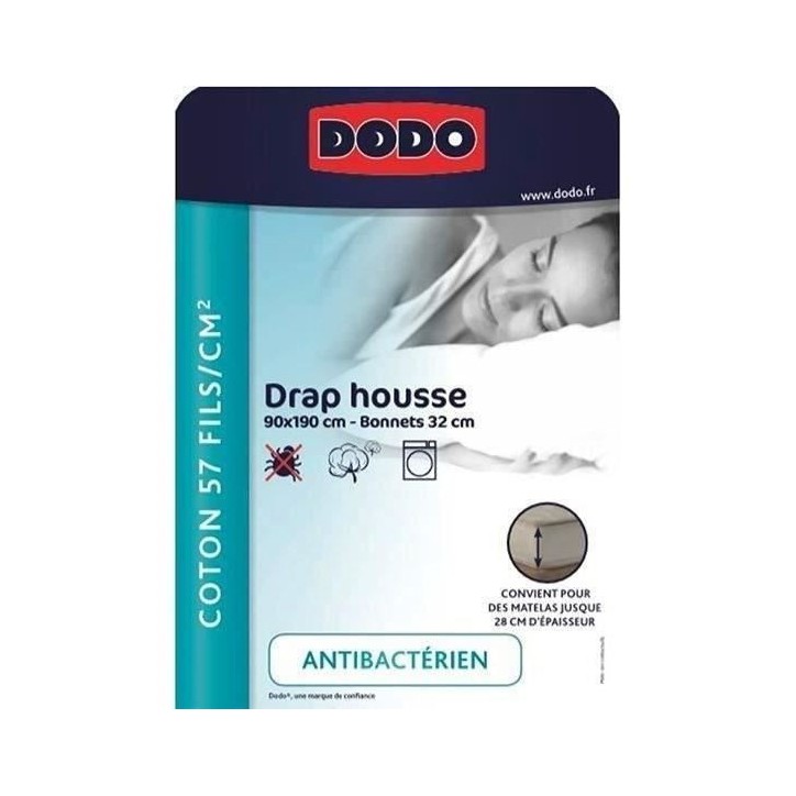 Drap housse DODO - 90x190 cm - Coton - Coutil 32 cm - Blanc