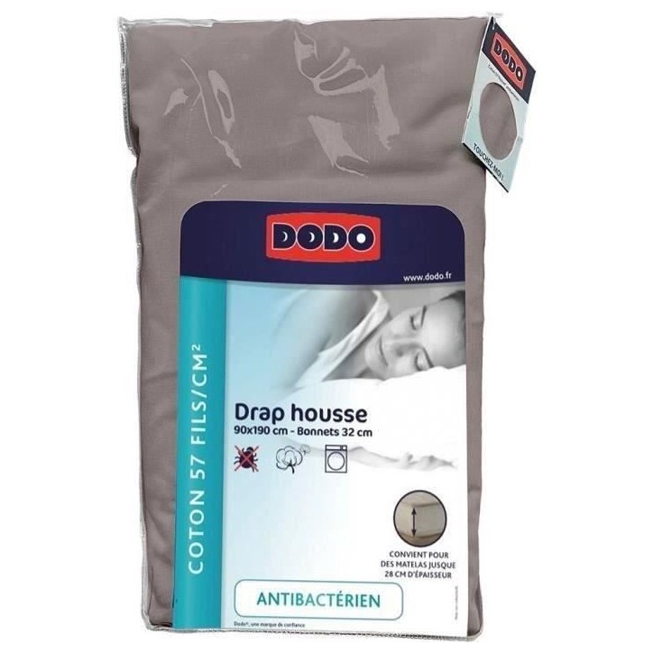 DRAP HOUSSE DODO - ANTIBACTERIENS - TAUPE - 90X190 cm - Bonnet 32 cm