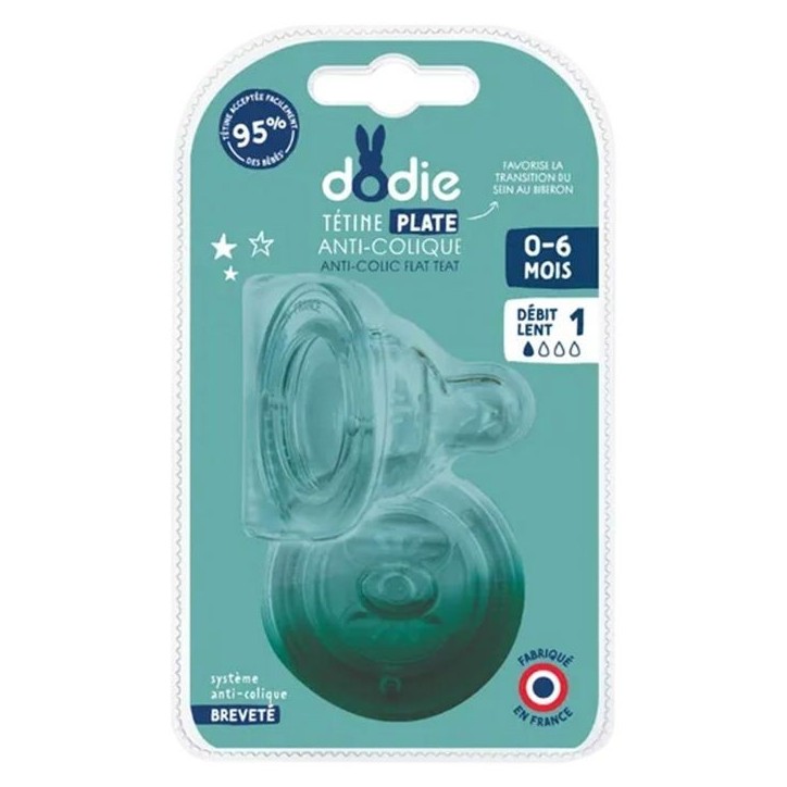 Tétine plate anti-coliques Dodie Sensation+ col large débit 1 pour bébé 0 mois Tétine plate anti-coliques Dodie Sensation+ col large débit 1 pour bébé 0 mois