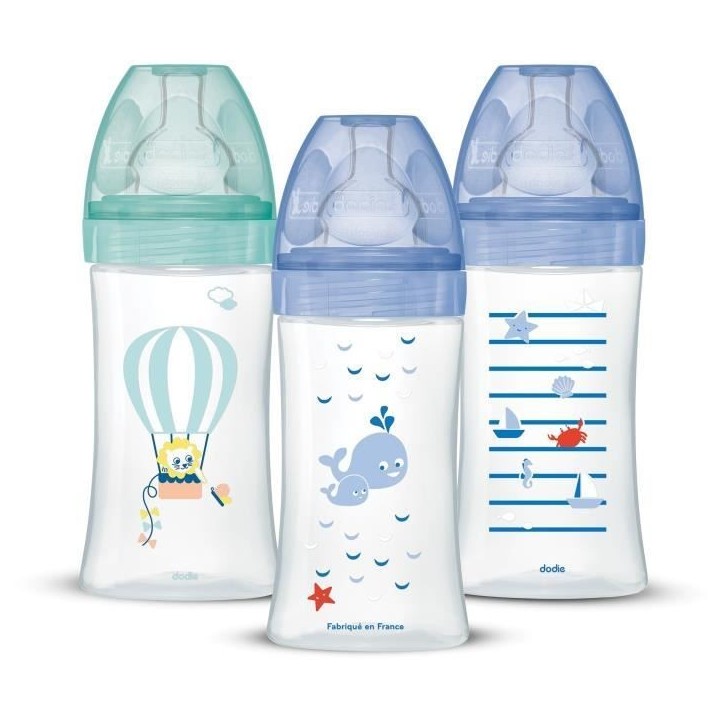 Lot de 3 Biberons Anti-Colique Sensation+ 270ml, 0-6 Mois, Tétine Plate, Débit 2 - Bleu Mer et Vert Air Lot de 3 Biberons Anti-Colique Sensation+ 270ml, 0-6 Mois, Tétine Plate, Débit 2 - Bleu Mer et Vert Air