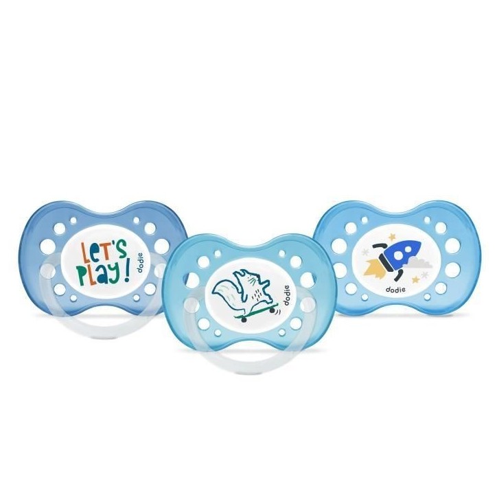 DODIE Sucettes Anatomiques +18 Mois sans BPA, Résistante -Let's Play/Ecureuil/Fusée NUIT- Lot de 3