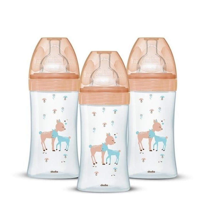 Lot de 3 Biberons DODIE Anti-Colique Sensation+ - Verre - 270ml - 0-6 Mois - Tétine plate - Débit 2 Lot de 3 Biberons DODIE Anti-Colique Sensation+ - Verre - 270ml - 0-6 Mois - Tétine plate - Débit 2